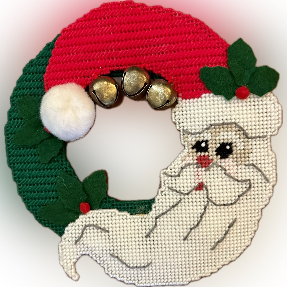 Santa w/Jingle Bells Wall/door hanging. Handmade yarn needlepoint and plastic.